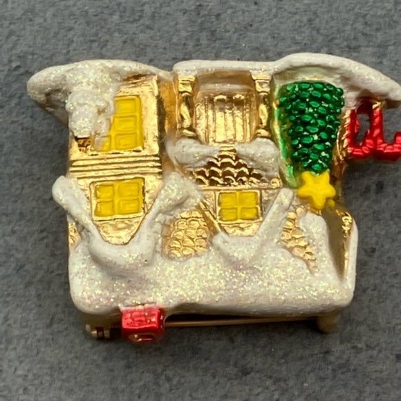 Christmas Pin Brooch House As Is Gold White Snow Green Tree Red Candy Canes - Picture 4 of 9